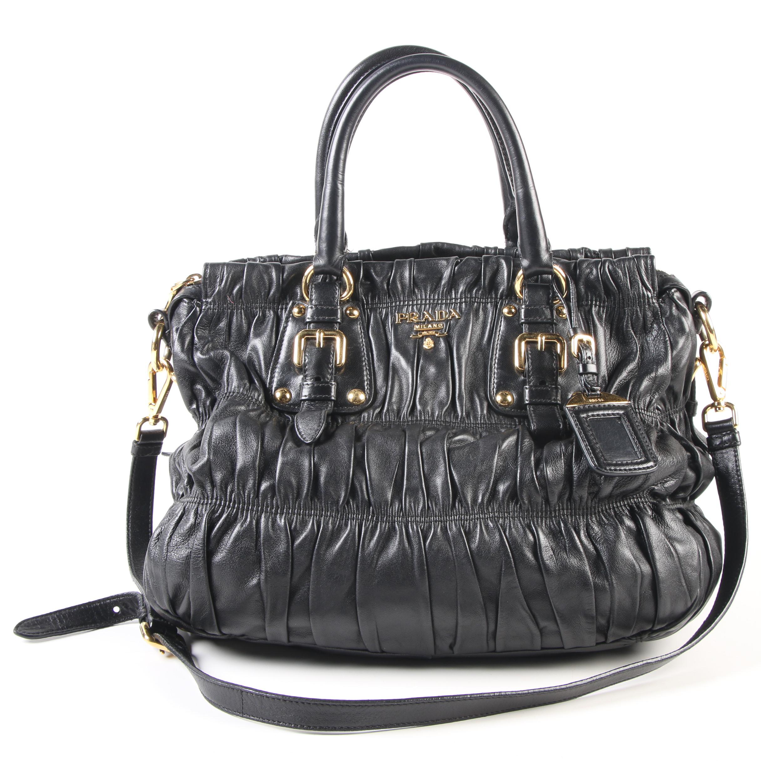 Prada Gaufre Ruched Black Nappa Leather Convertible Tote