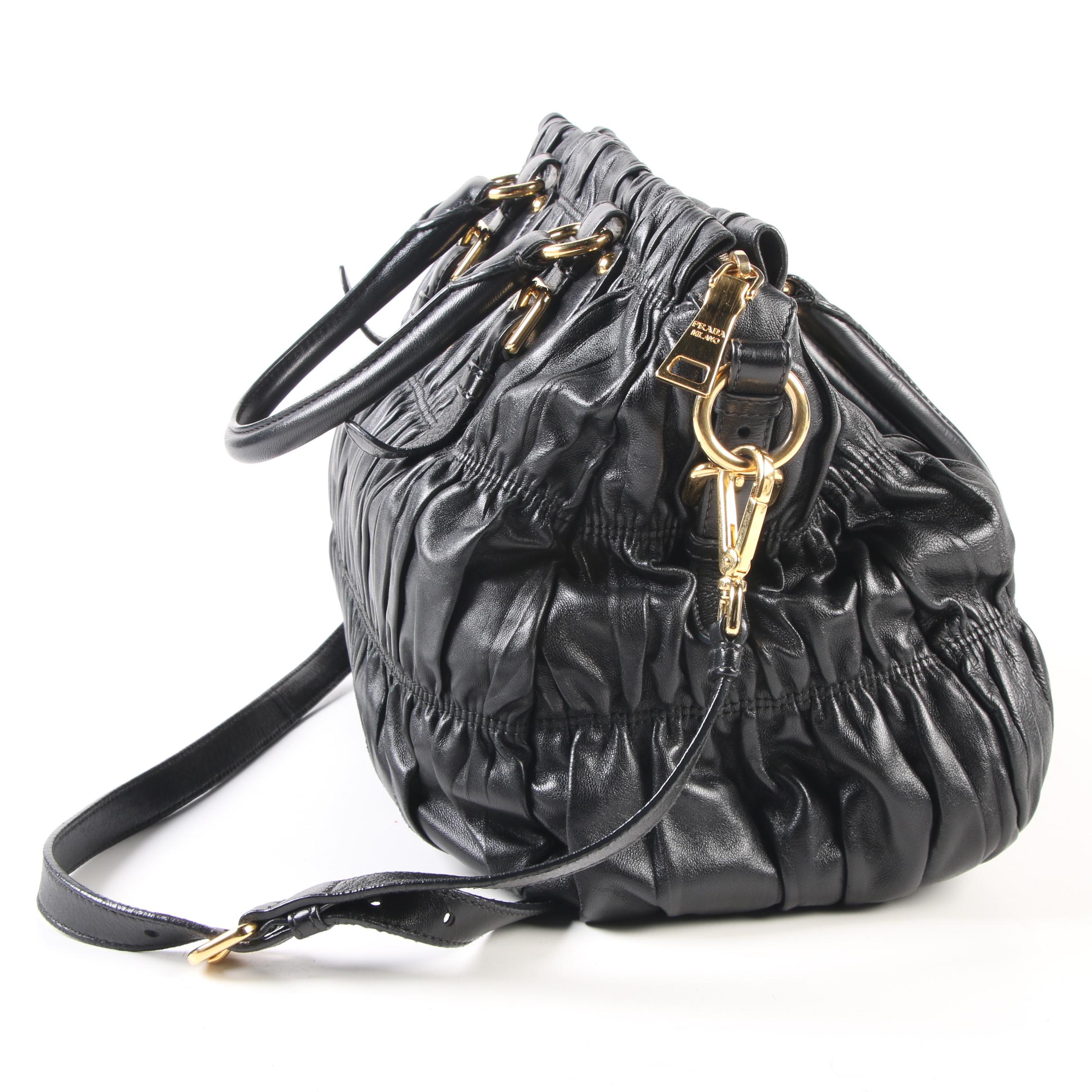 Prada Gaufre Ruched Black Nappa Leather Convertible Tote
