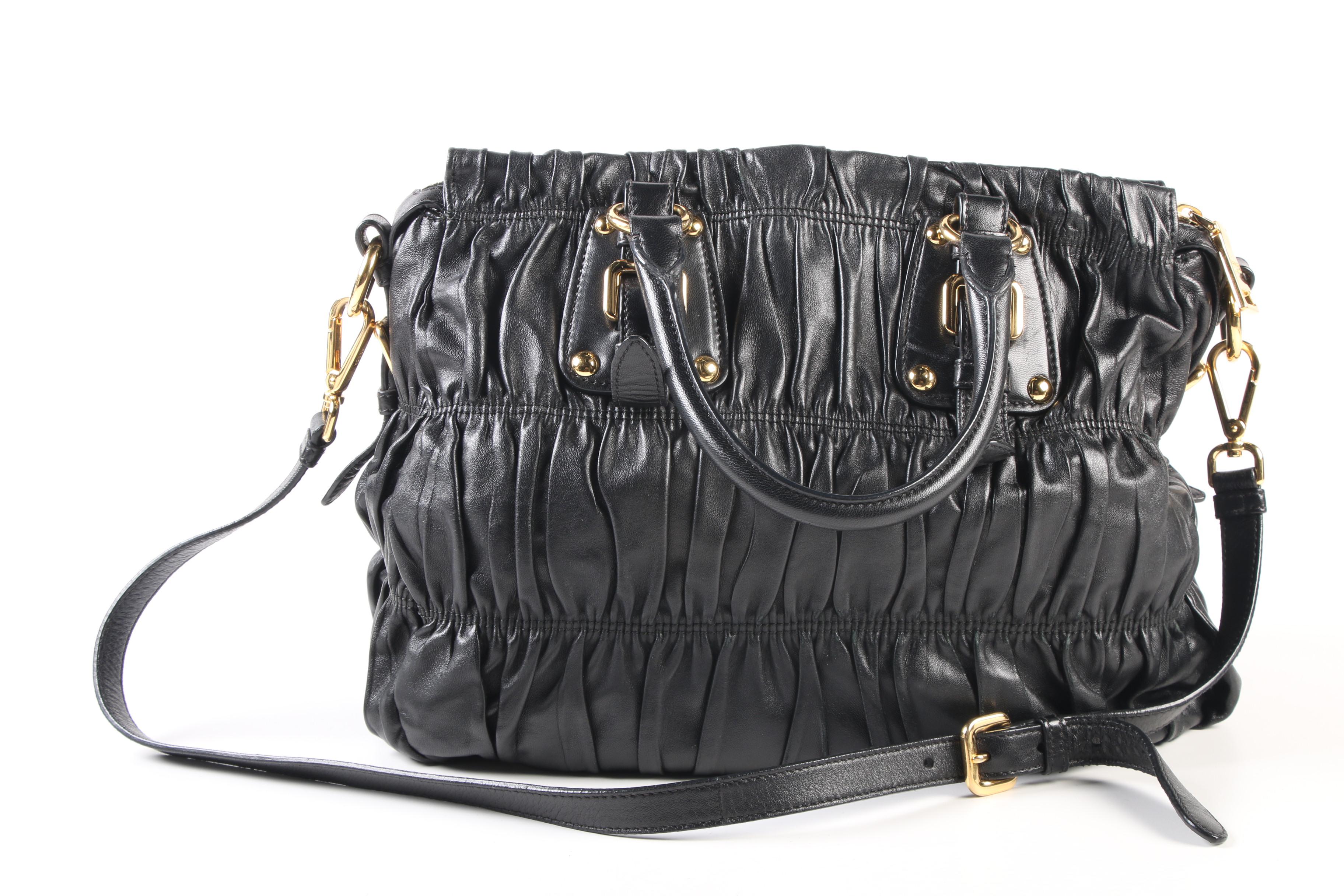 Prada Gaufre Ruched Black Nappa Leather Convertible Tote