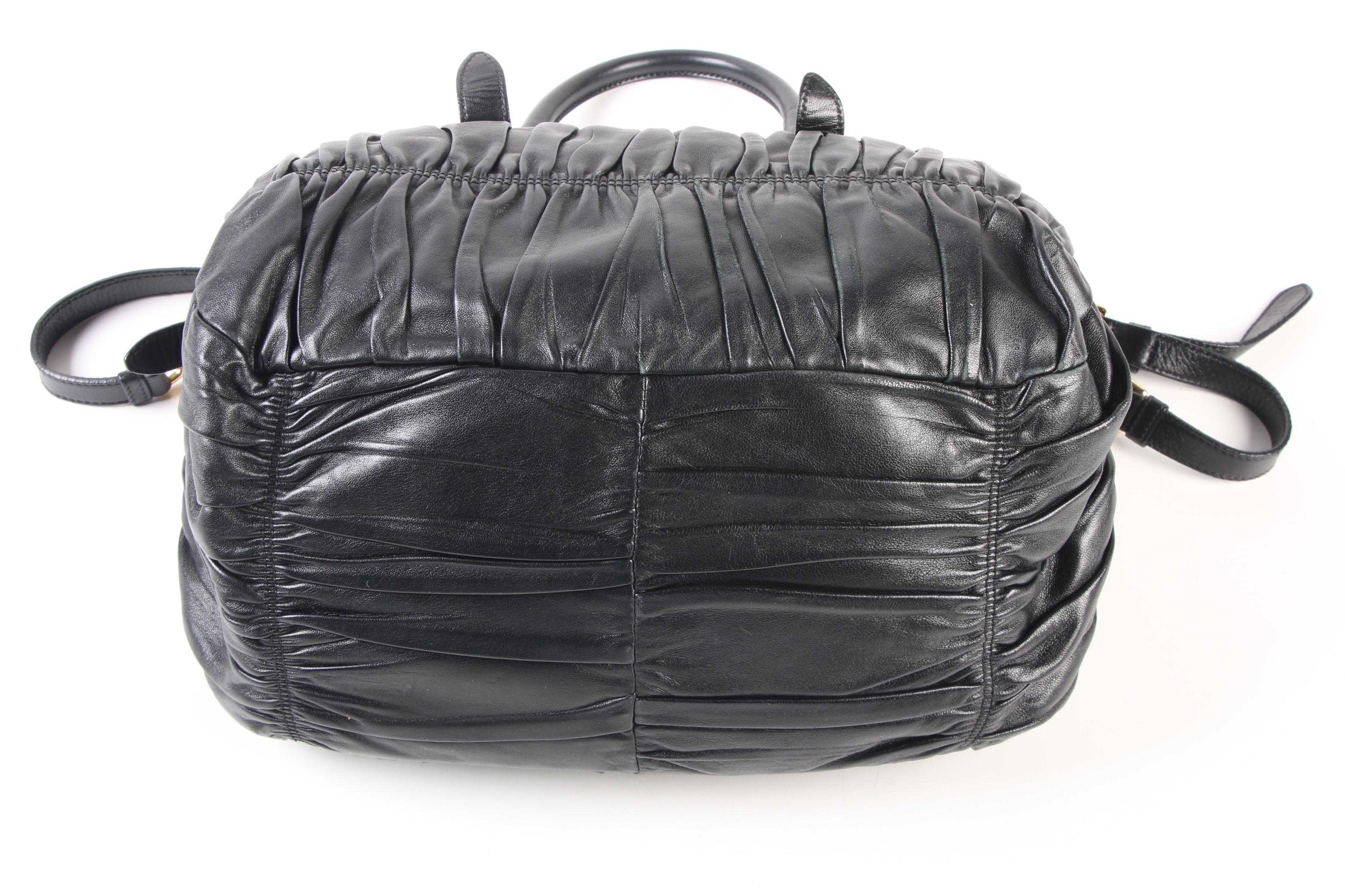 Prada Gaufre Ruched Black Nappa Leather Convertible Tote