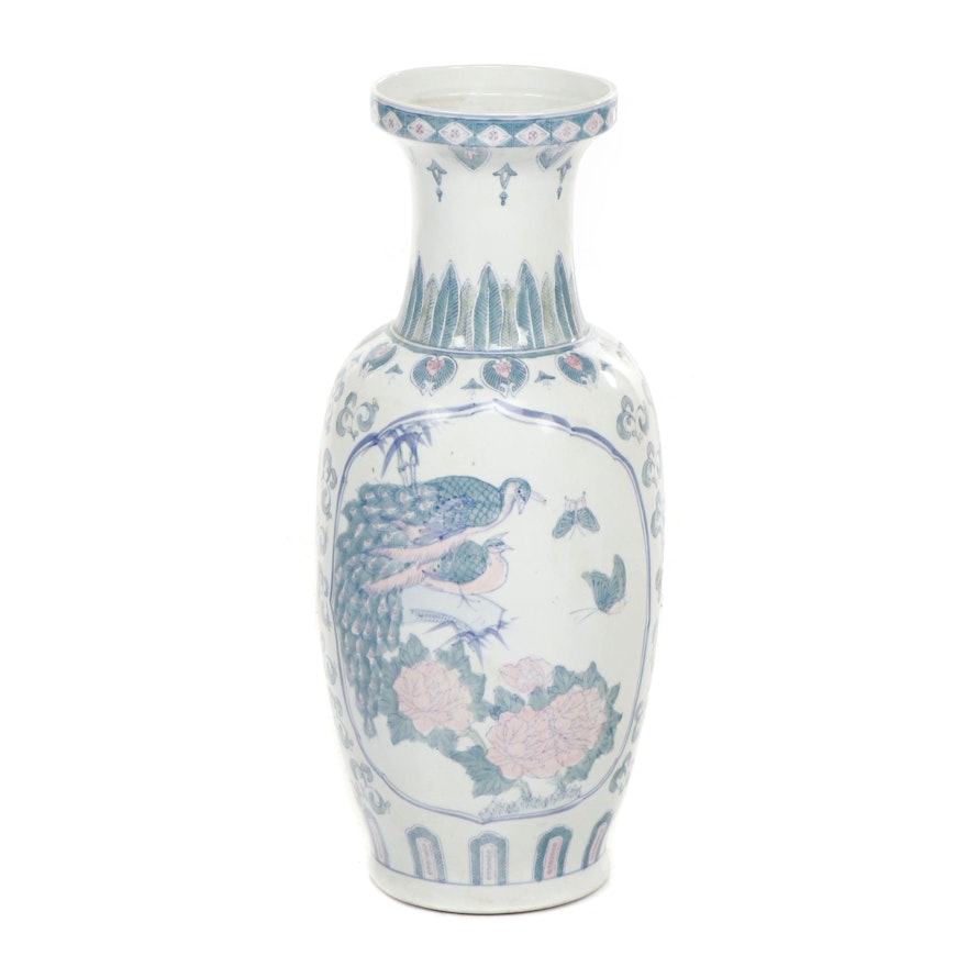 Hand-Painted Chinese Ceramic Floor Vase with Bird Motif