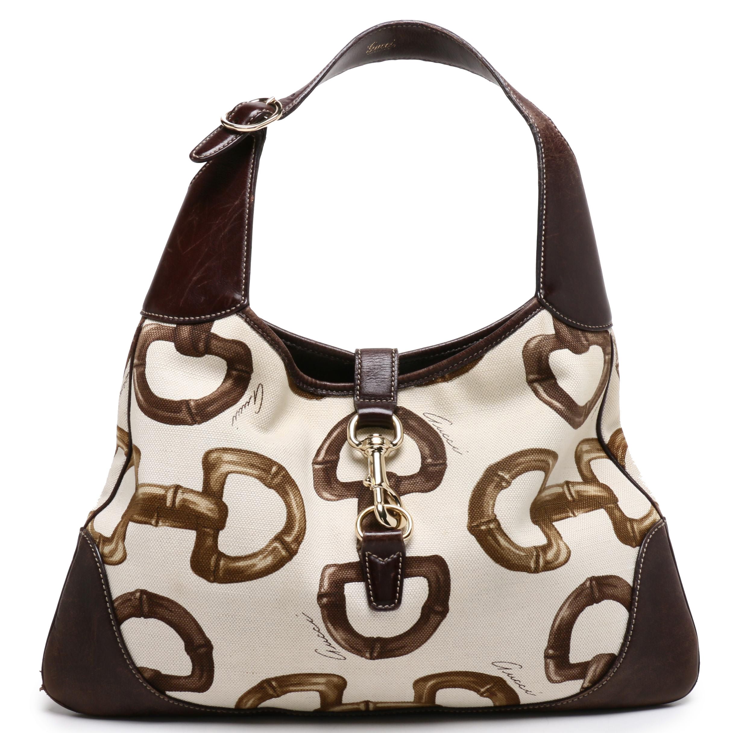 Gucci Canvas Bamboo Horsebit Print Jackie Hobo Bag
