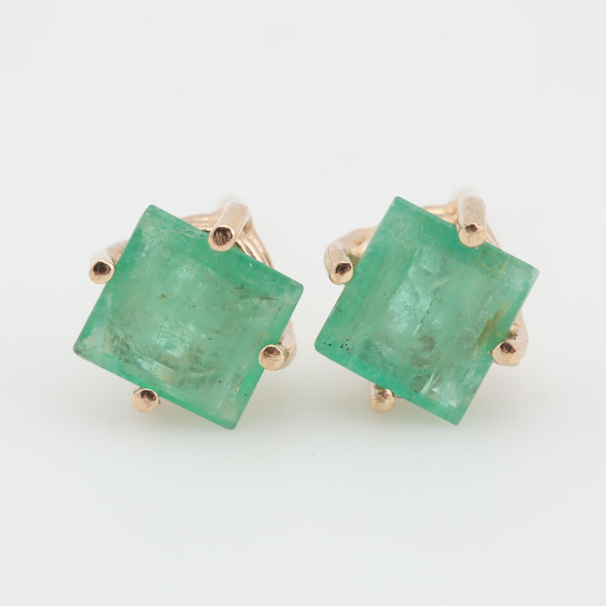 14K Yellow Gold Emerald Stud Earrings, 1.00 CTW