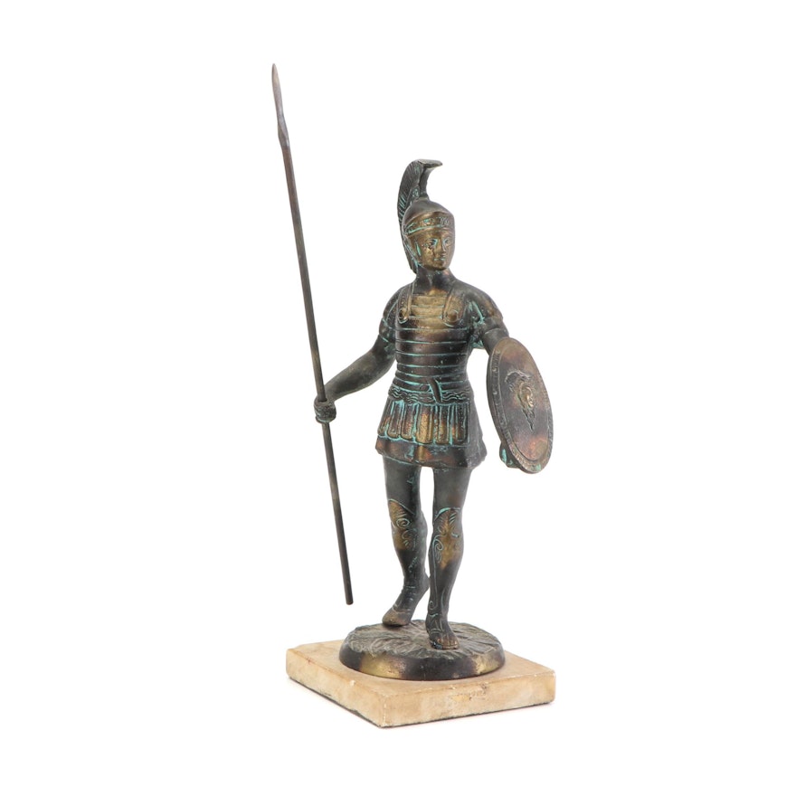 Trojan Soldier Brass Statue on Marble Display