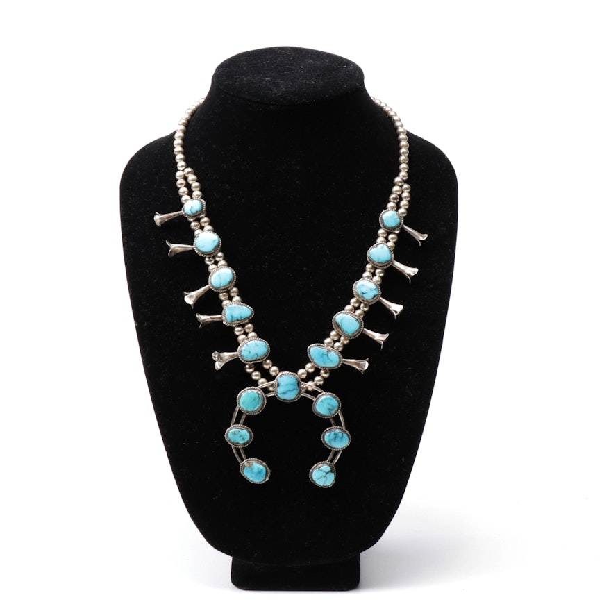 Sterling Silver and Turquoise Southwest Style Squash Blossom Necklace