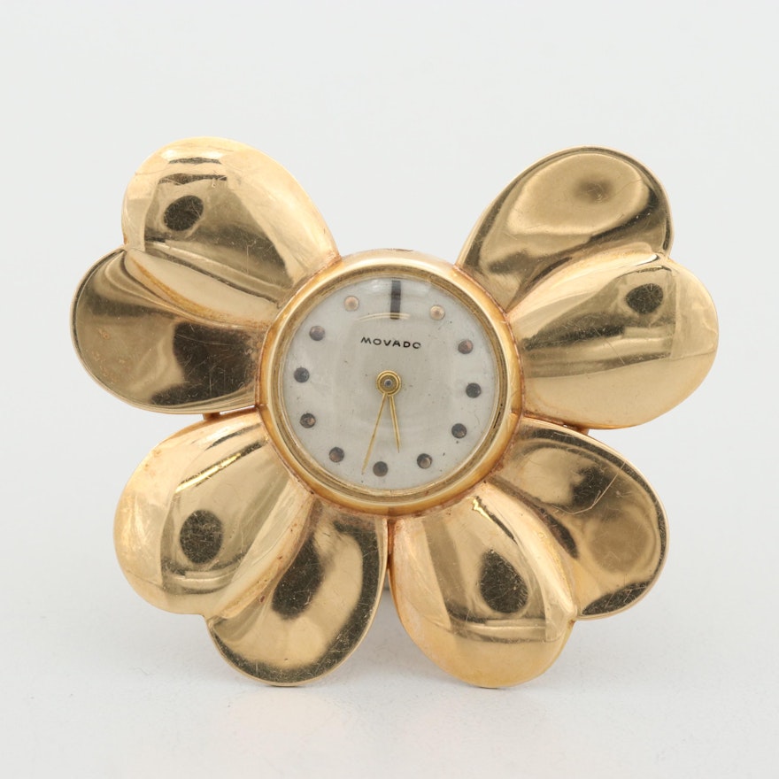 Movado 14K Yellow Gold Floral Brooch Watch