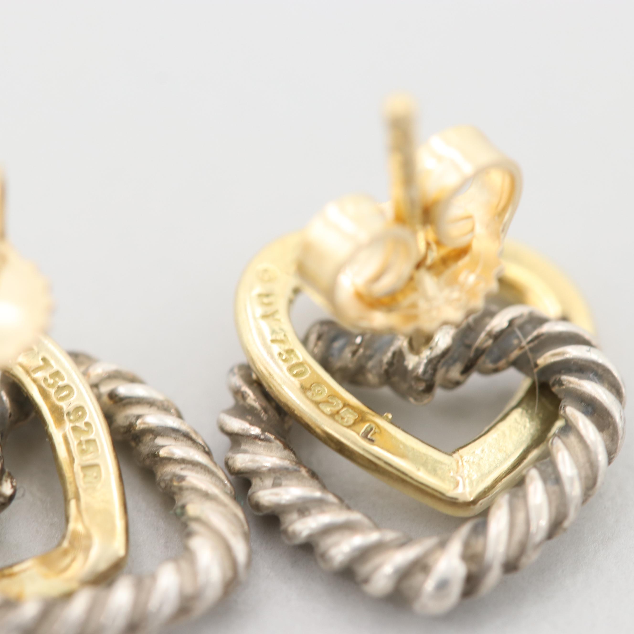 David Yurman 18K Yellow Gold and Sterling Silver Double Heart Earrings