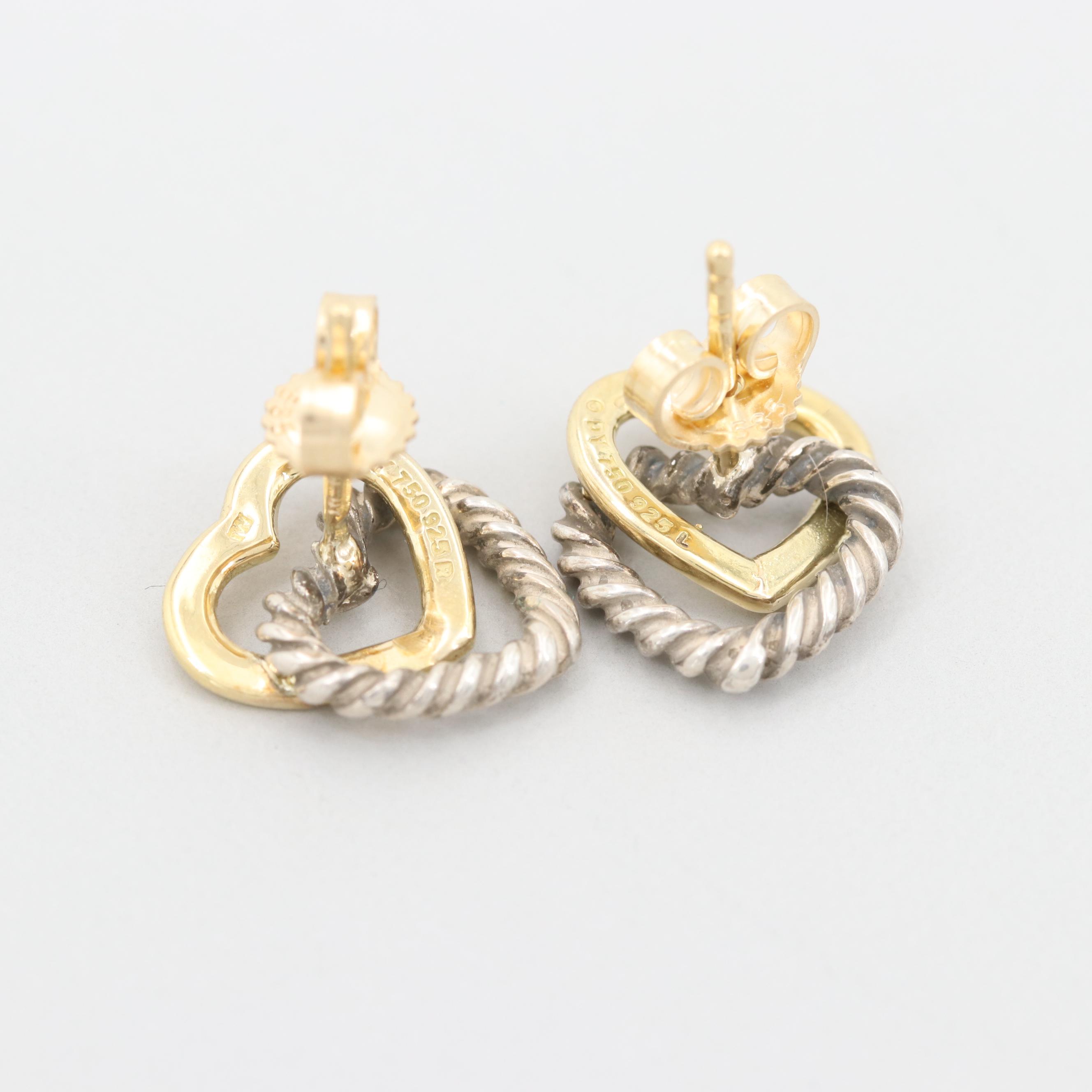 David Yurman 18K Yellow Gold and Sterling Silver Double Heart Earrings