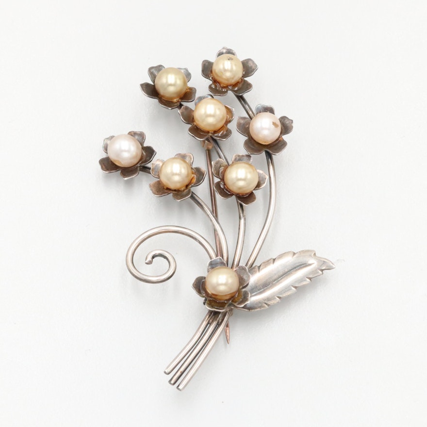 Vintage Sterling Silver Imitation Pearl Floral Brooch