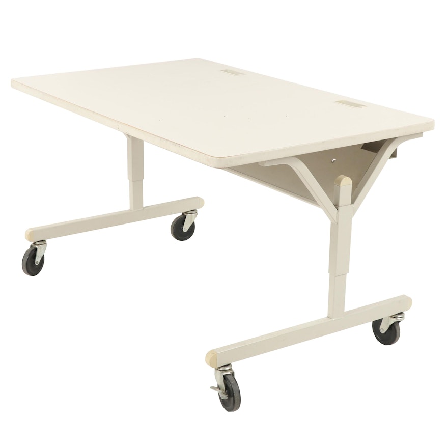 Contemporary Commercial Laminate Desk with on a Steel Base with Casters