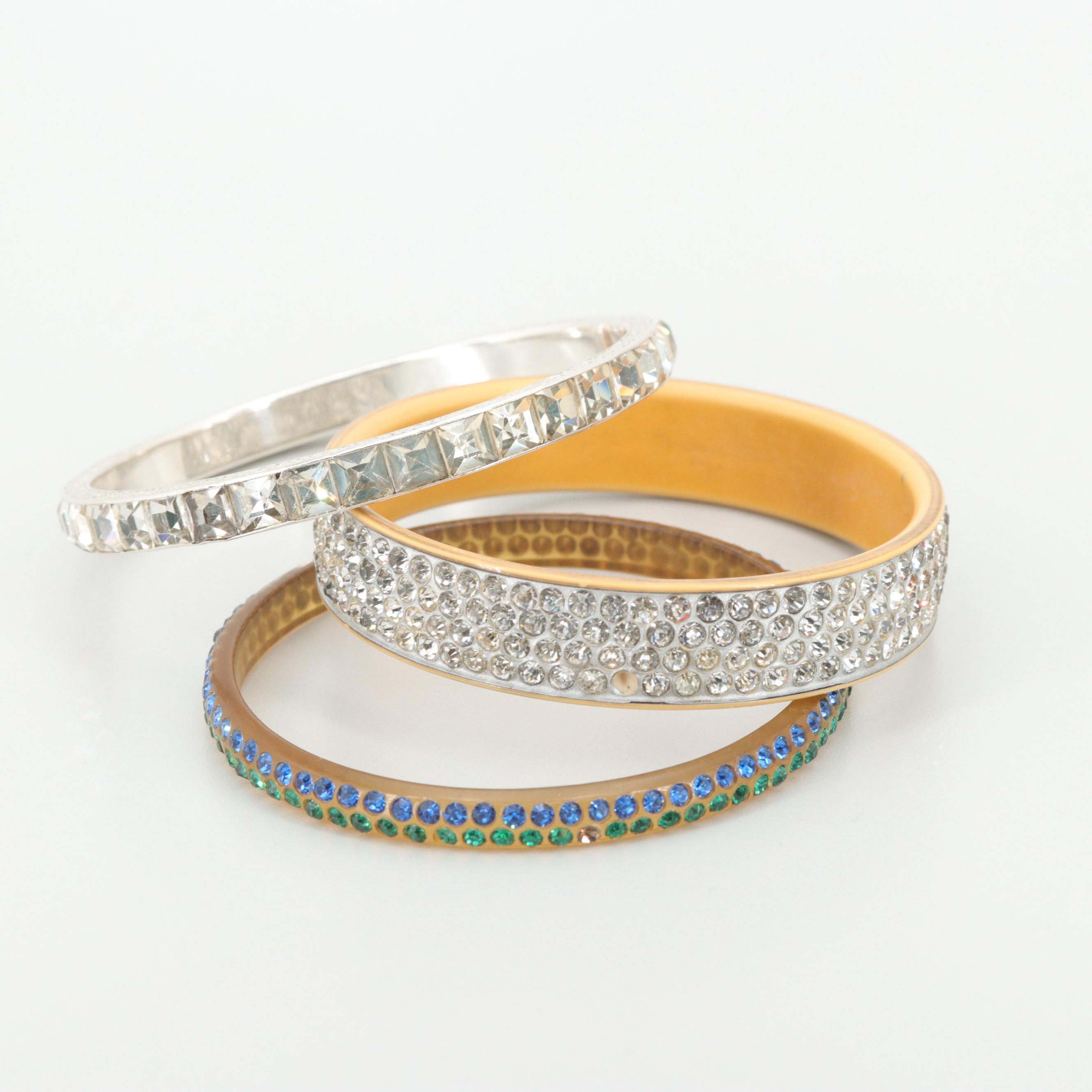 Vintage Sterling Silver and Celluloid Glass and Resin Bangle Bracelets