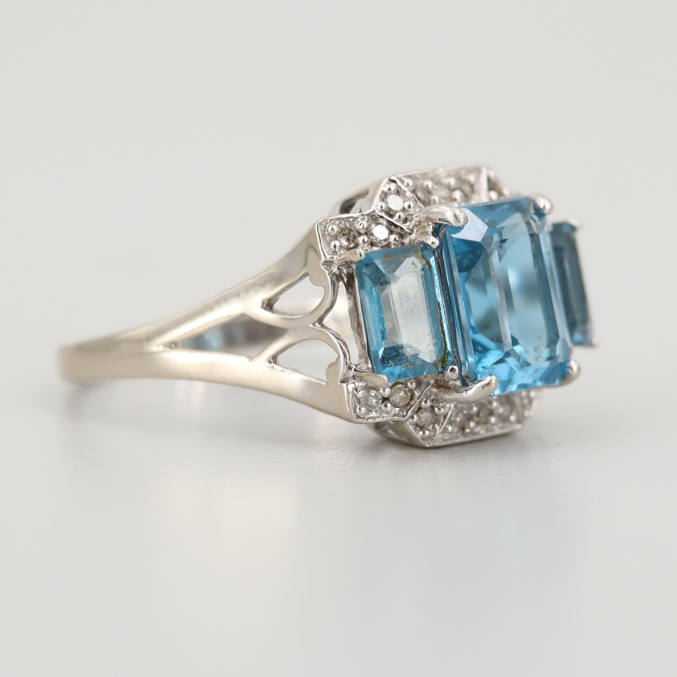 10K White Gold Blue Topaz and Diamond Ring