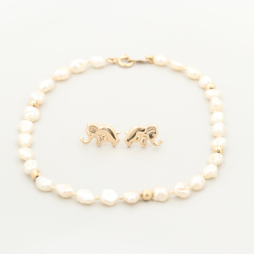 14K Yellow Gold Cultured Pearl Bracelet and Elephant Earrings