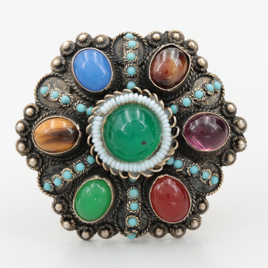 Israelic 935 Silver Tiger's Eye, Glass and Imitation Turquoise Converter Brooch