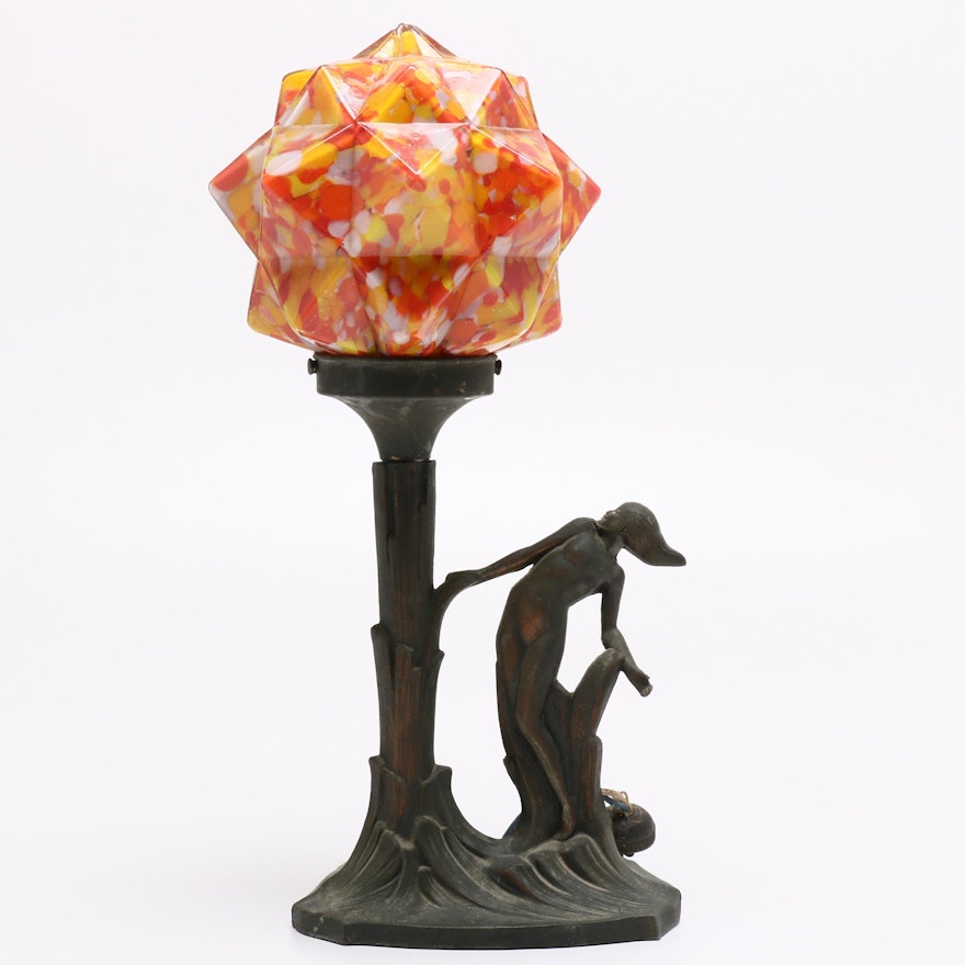 Art Deco Czech Table Lamp with "End of Day" Starburst Glass Shade, 1920s