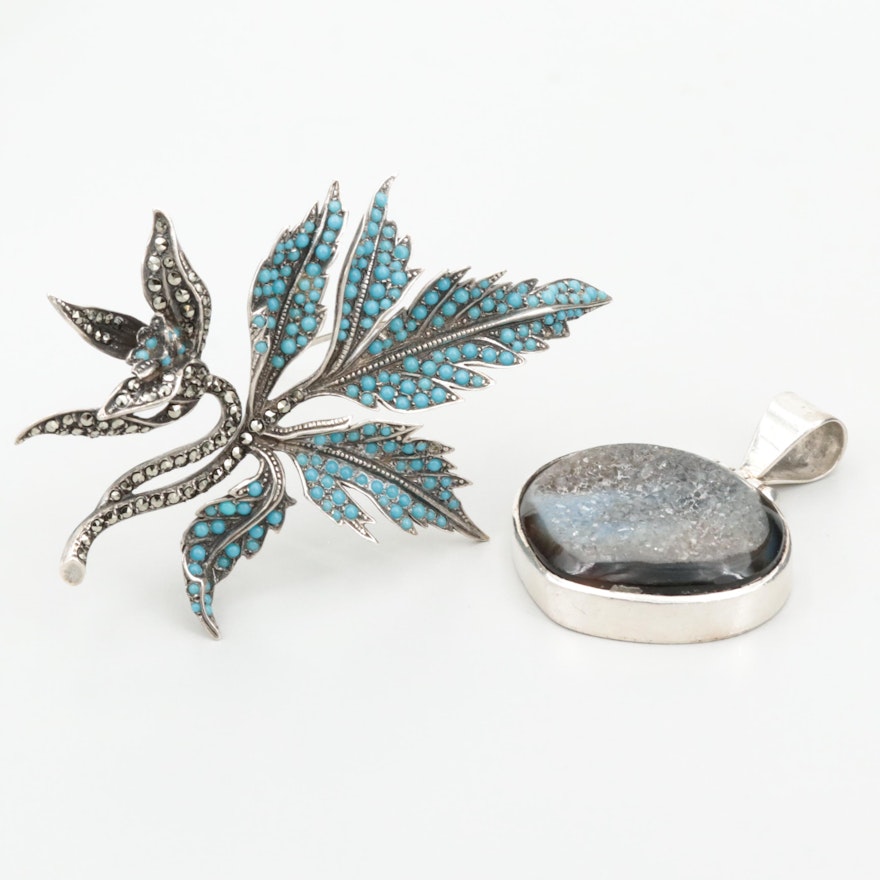 Sterling Druse Pendant and 835 Silver Marcasite and Imitation Turquoise Brooch