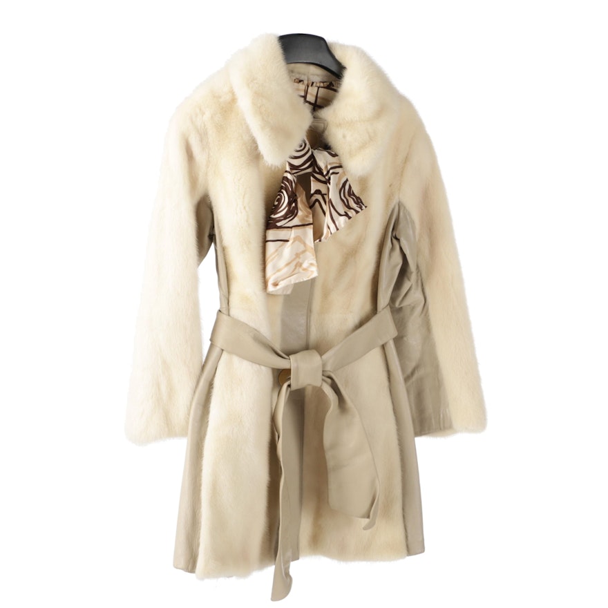 André Furs Dyed Mink Fur and Beige Leather Fitted Coat with Scarf, Vintage