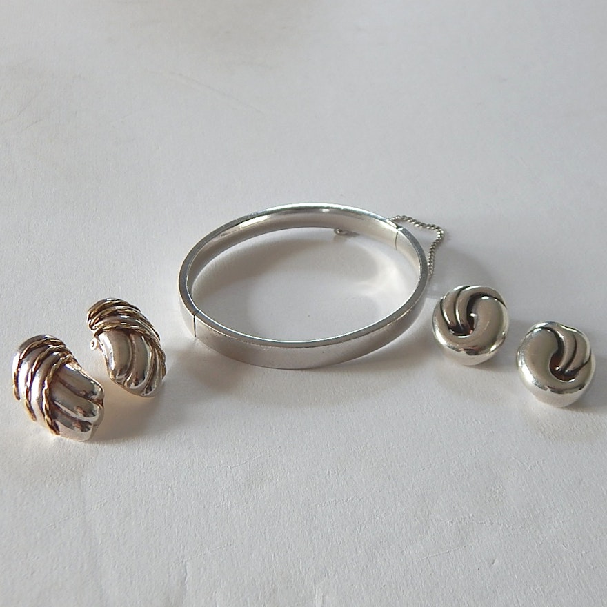 Sterling Silver Hinged Bracelet and Two Pair Clip Earrings