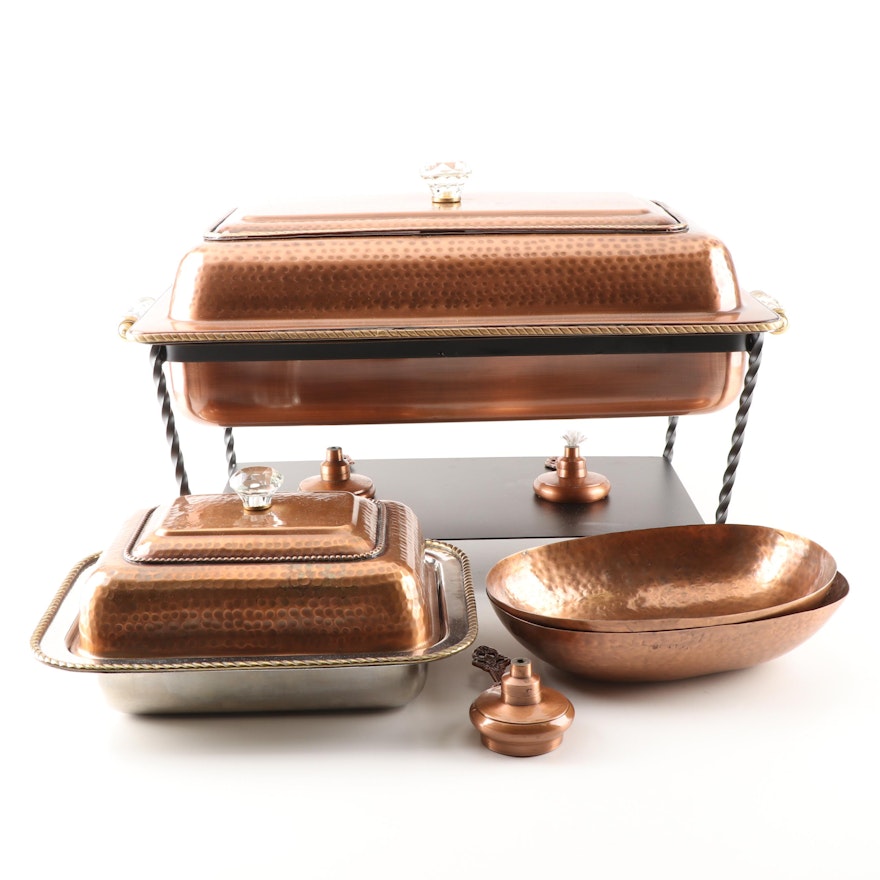 Grouping of Copper Tone Chafing Dishes and Serveware, Contemporary