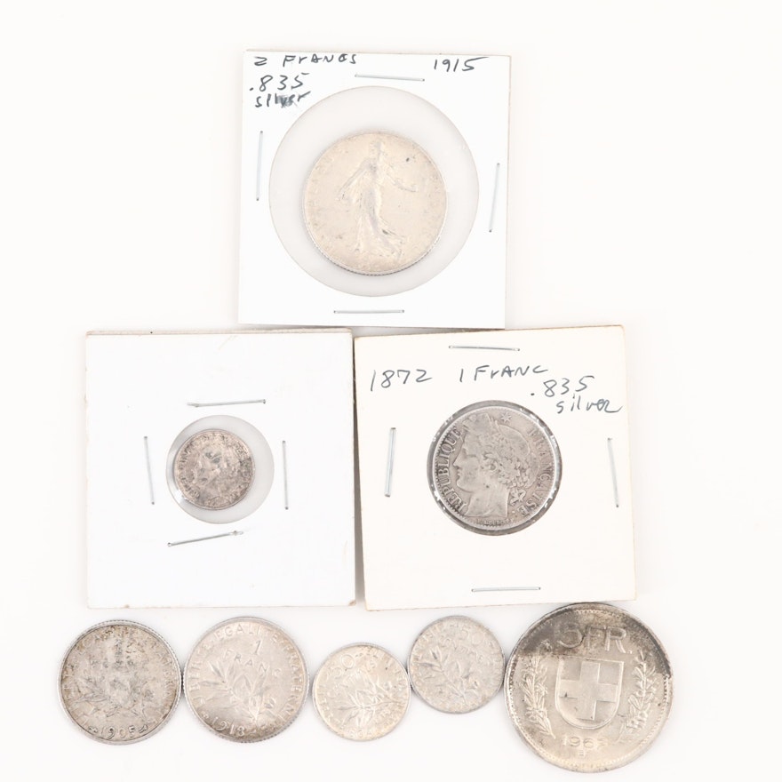 Various Foreign Silver Coins From Switzerland, Netherlands and France