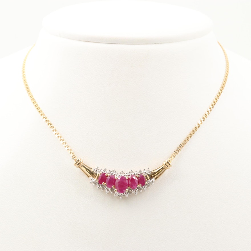 14K Yellow Gold Ruby and Diamond Necklace