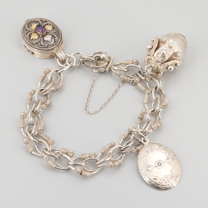 Sterling Silver Amethyst Charm Bracelet Featuring Locket Charm