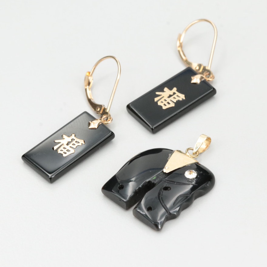14K Gold Black Onyx Dangle Earrings and Black Onyx and Glass Elephant Pendant