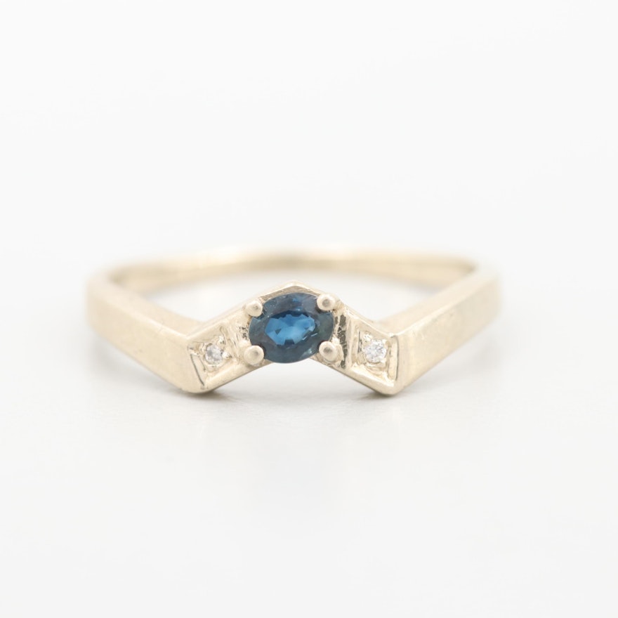 14K White Gold Blue Sapphire and Diamond Contour Ring