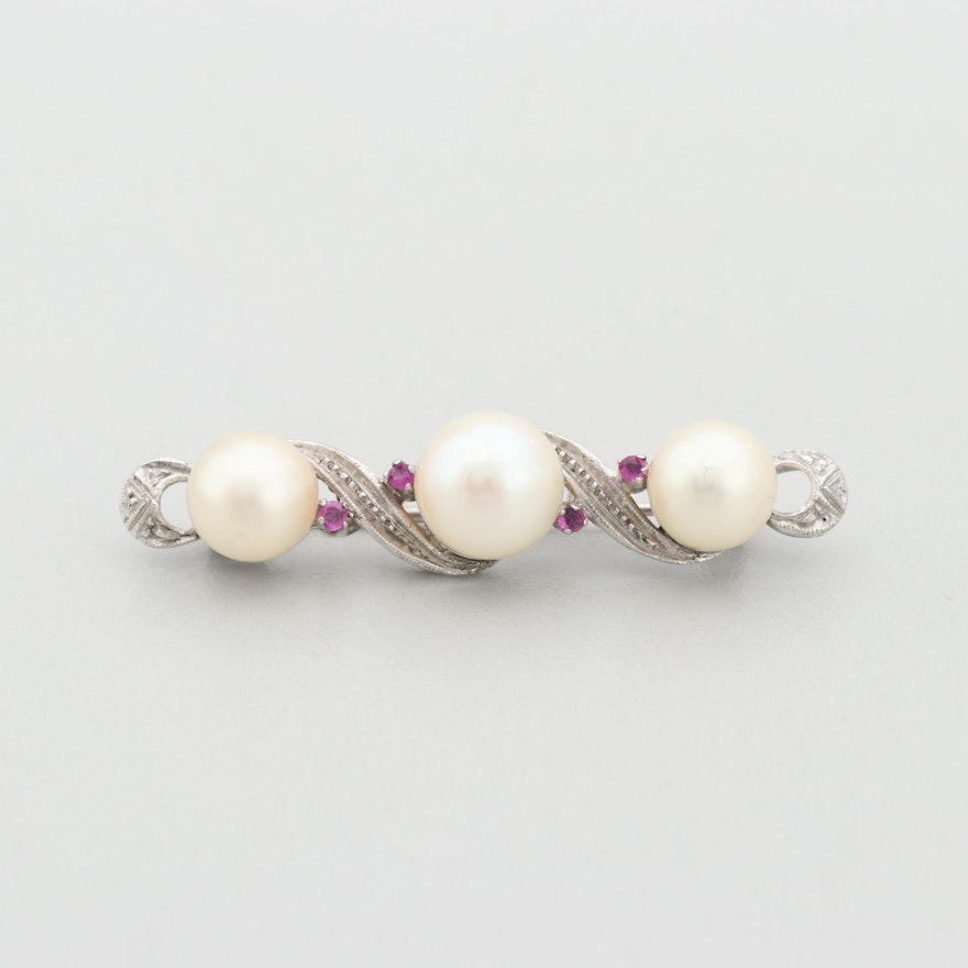 18K White Gold Cultured Pearls and Ruby Brooch