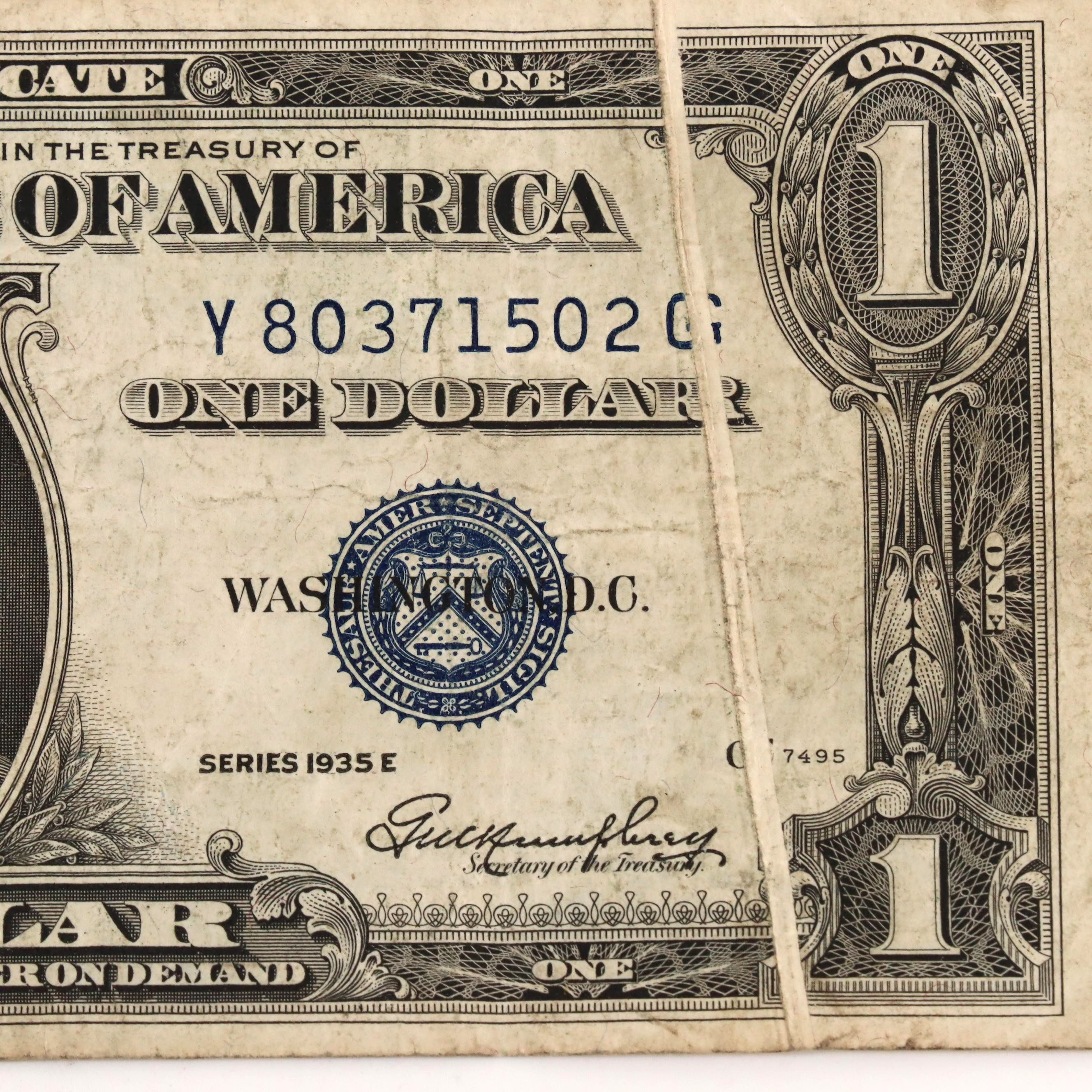 Error Off Print 1935 E One Dollar Silver Certificate