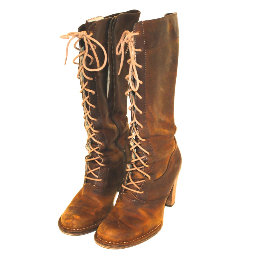 Frye Brown Leather Lace-Up Tall Boots