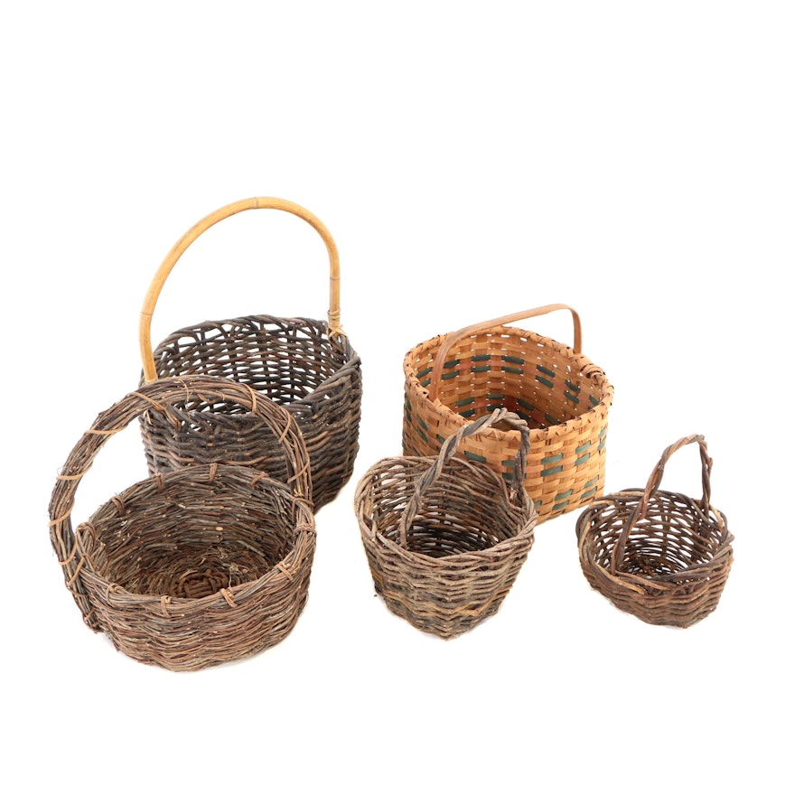 New England Style Splint Woven Basket and Handled Twig Baskets