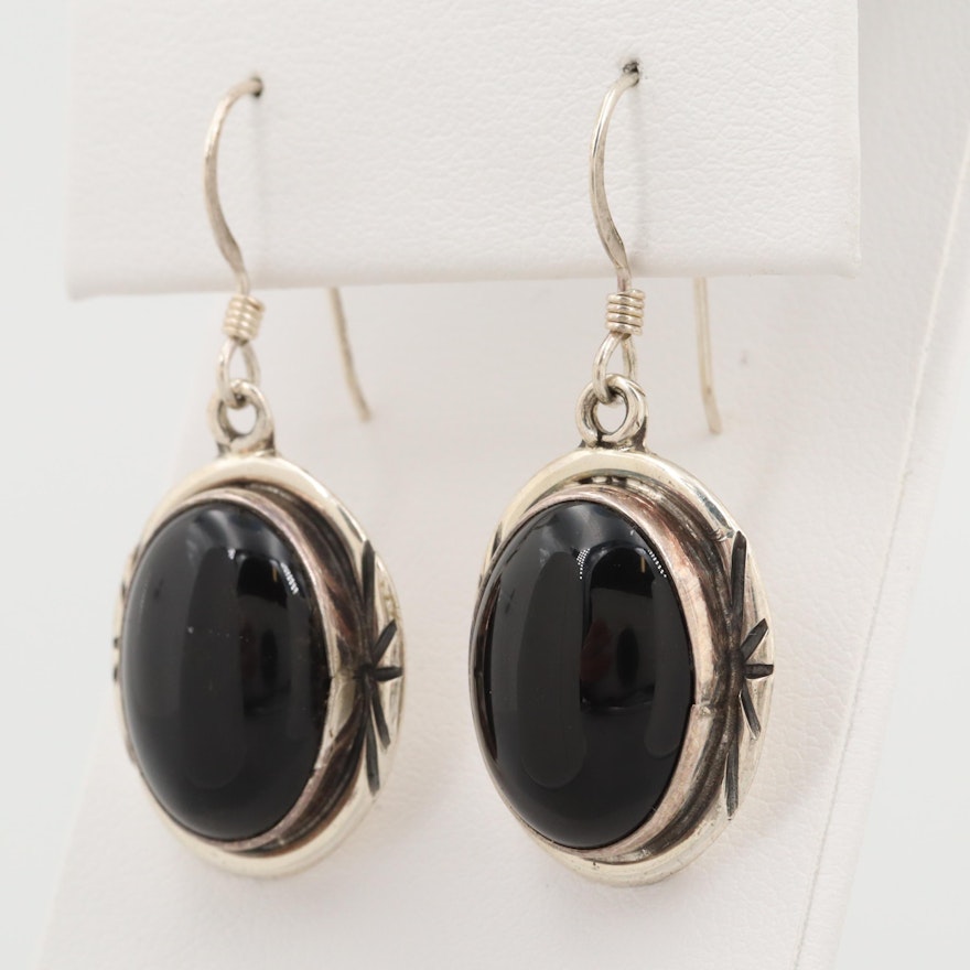 Southwestern Style Sterling Silver Black Onyx Dangle Earrings