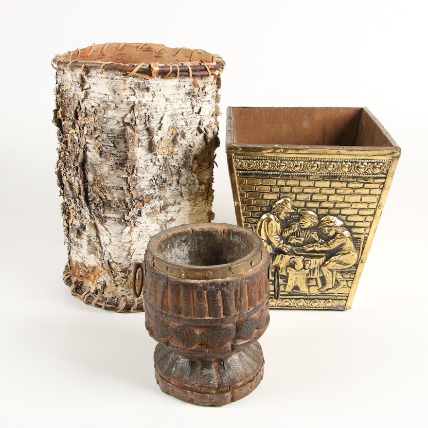Birch Bark Basket, Embossed Brass Wastebasket, and Hewn Wood Cache Pot