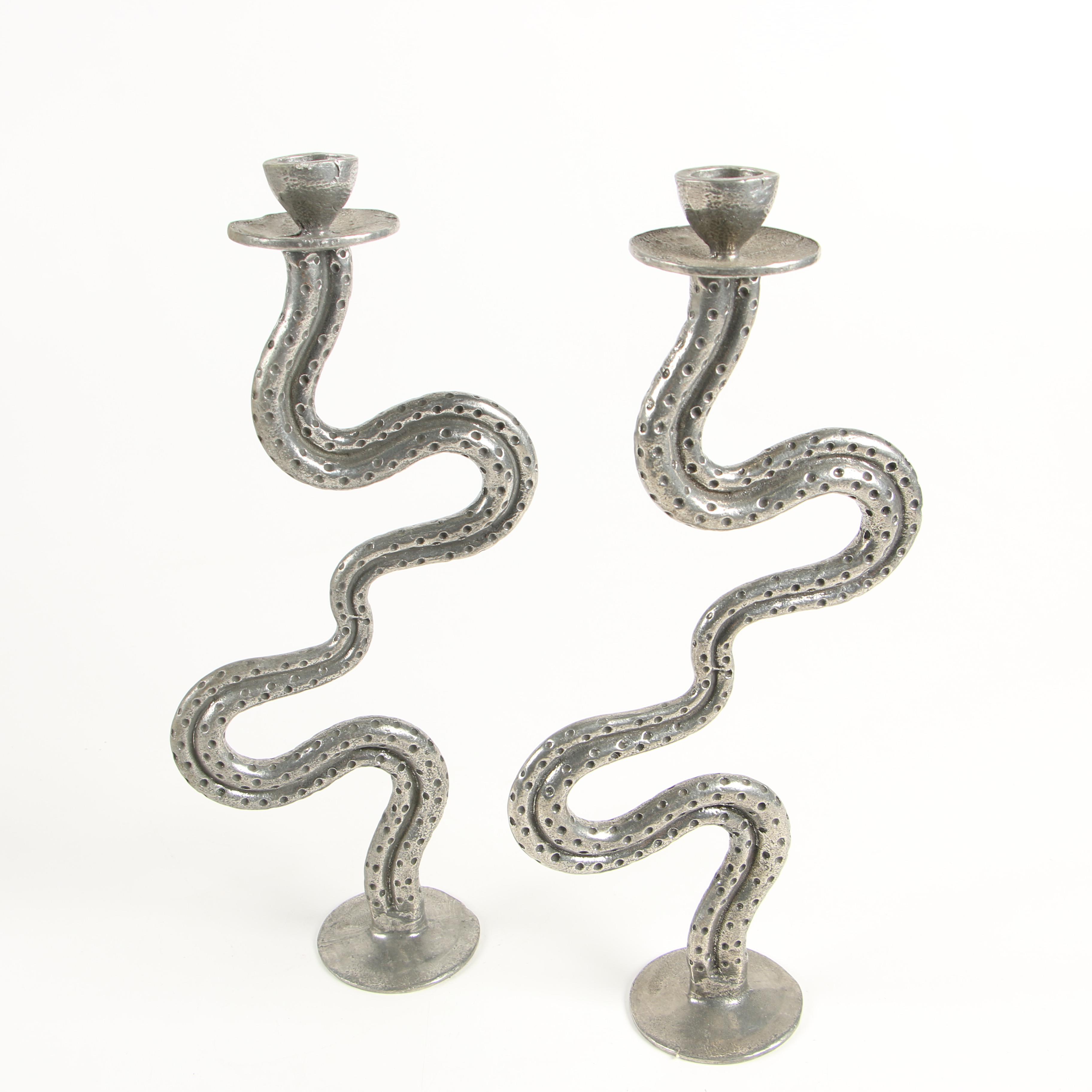 Patrick Meyer Modernist Serpentine Cast Pewter Candlesticks