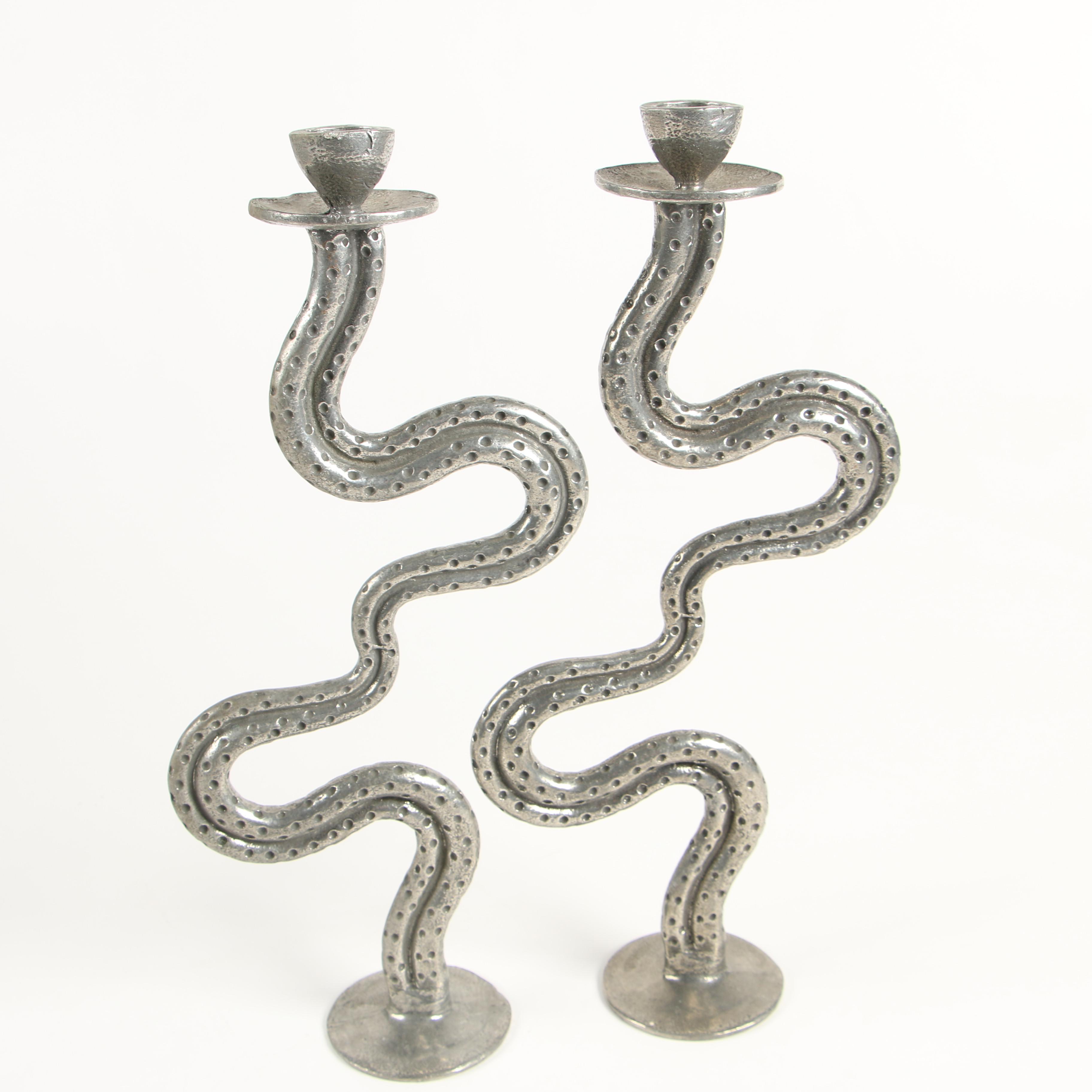 Patrick Meyer Modernist Serpentine Cast Pewter Candlesticks