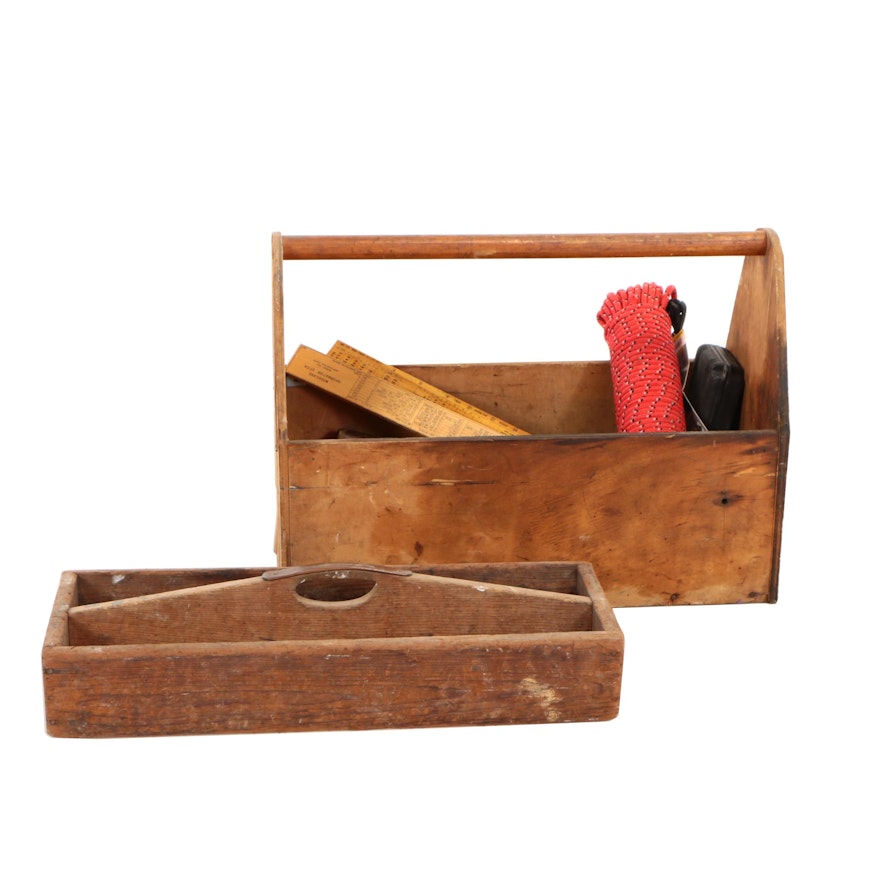 Wooden Tool Caddys with Various Tools Including Stanley, Walworth, and More