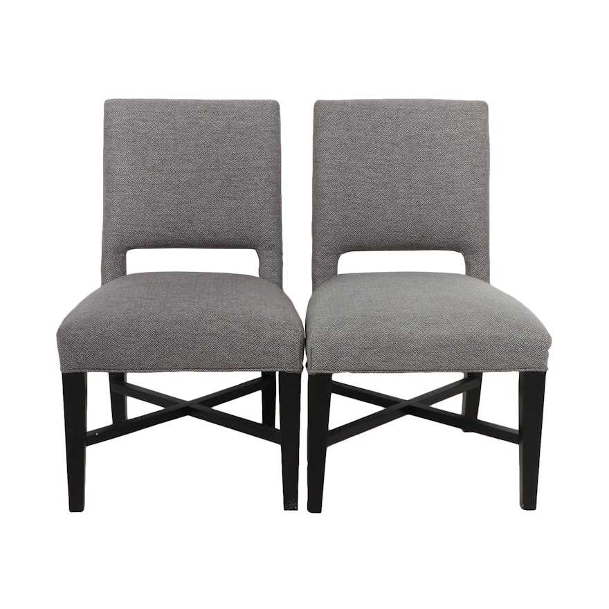 Pair of Dining Chairs with Dark Brown Wooden Legs and Grey Tweed Upholstery