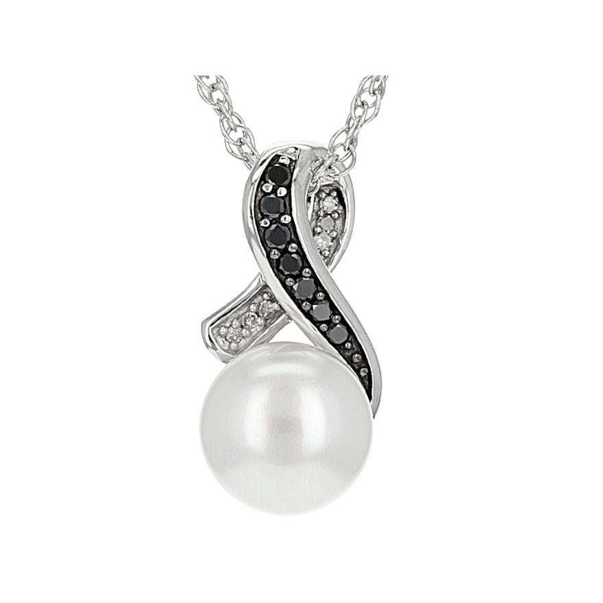Sterling Silver Cultured Pearl and Diamond Pendant with Chain