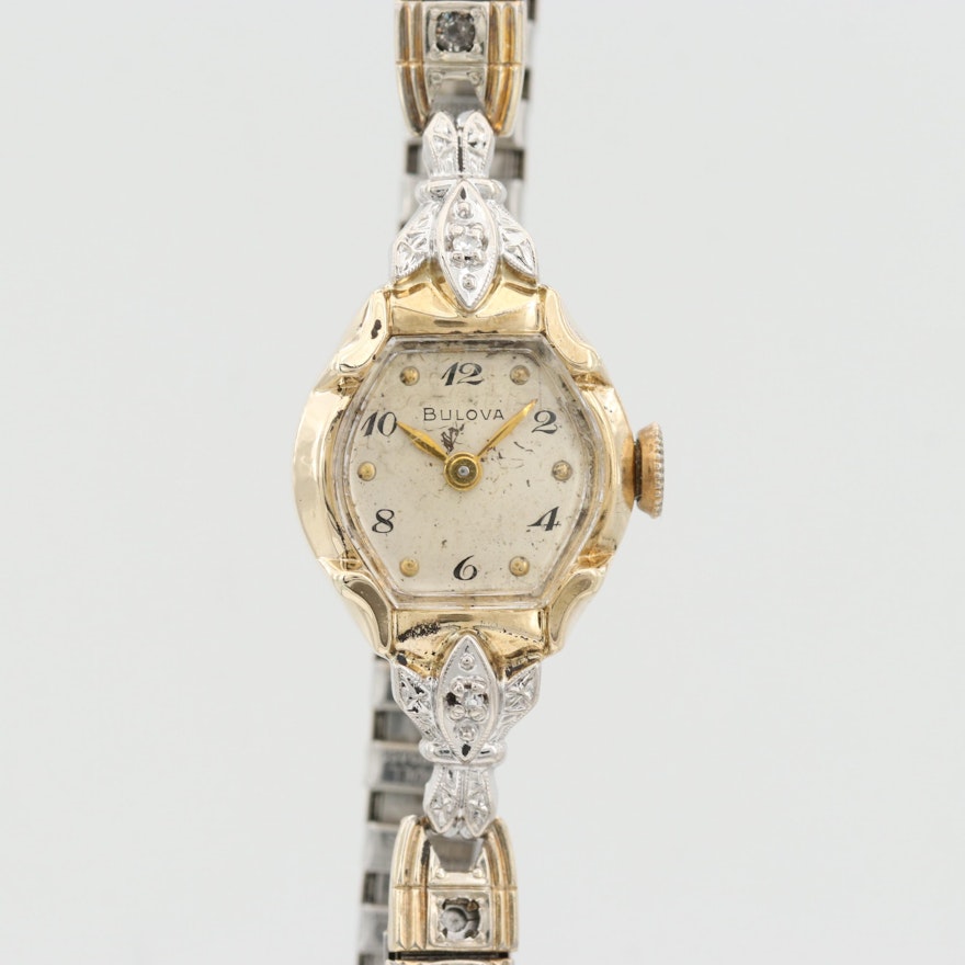Bulova 14K Yellow Gold and Diamond Wristwatch With Glass Crystal Accents