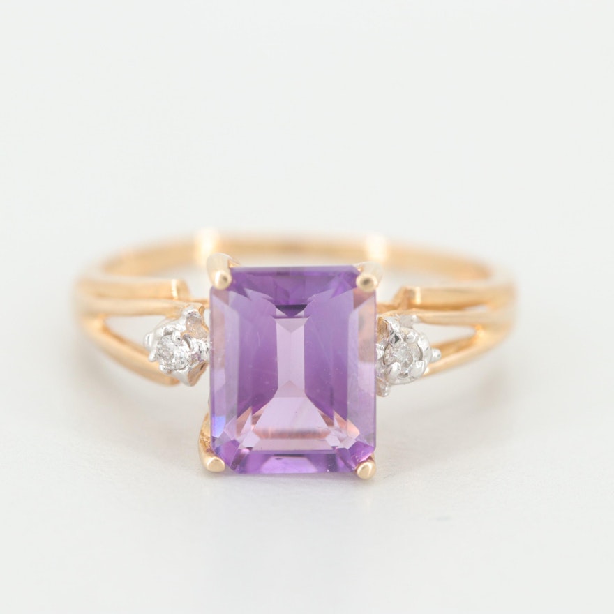 10K Yellow Gold Amethyst and Diamond Ring