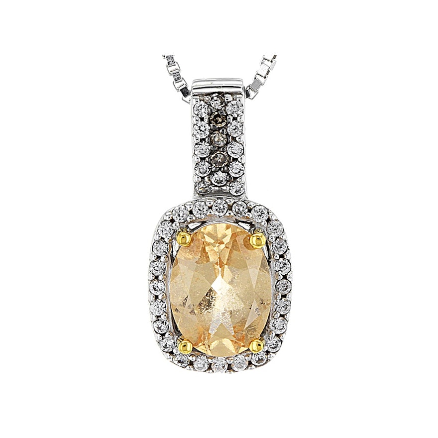 Sterling Silver Hessonite, White Zircon, and Diamond Pendant Necklace