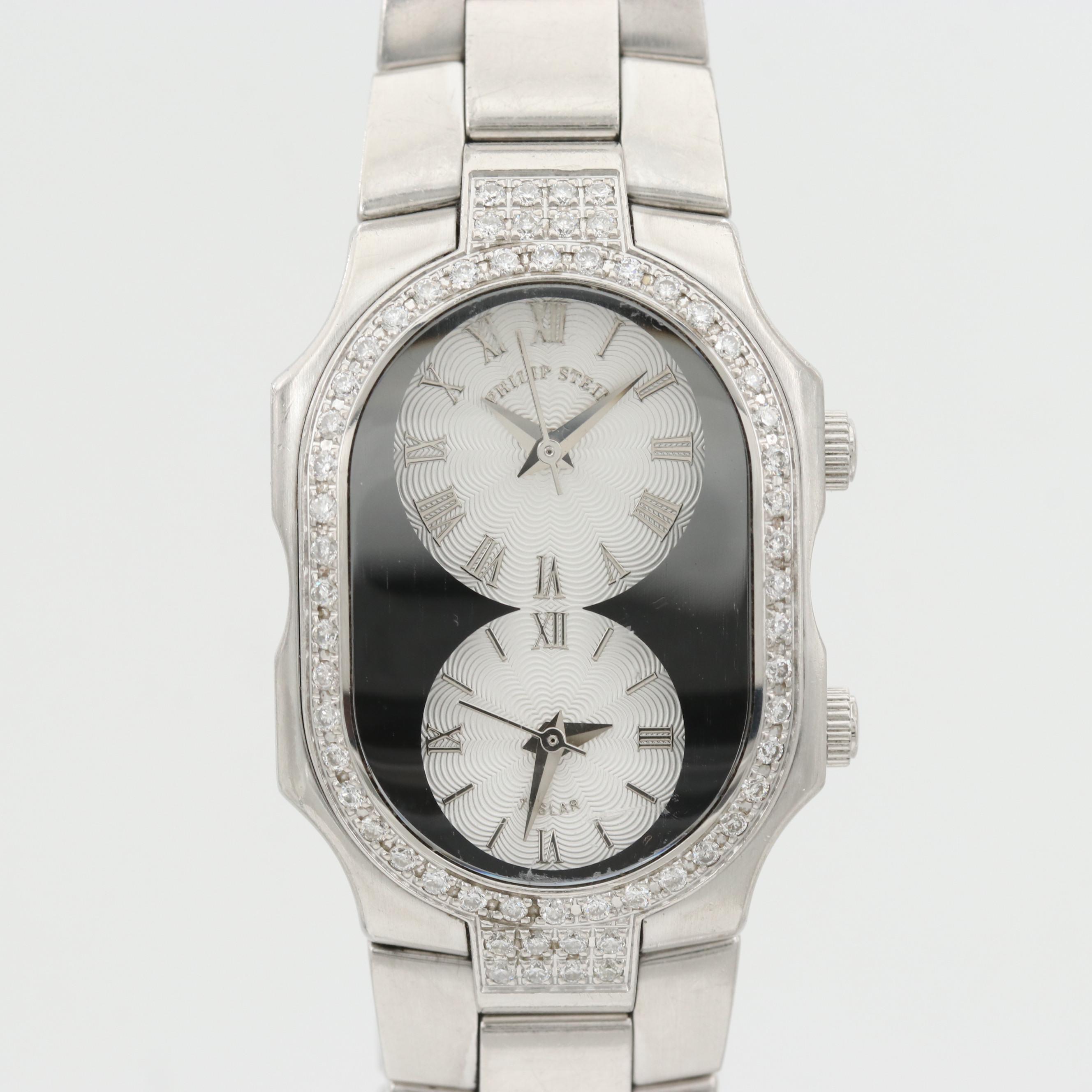 Philip Stein Teslar Dual Time 2.34 CTW Diamond and St. Steel Quartz Watch