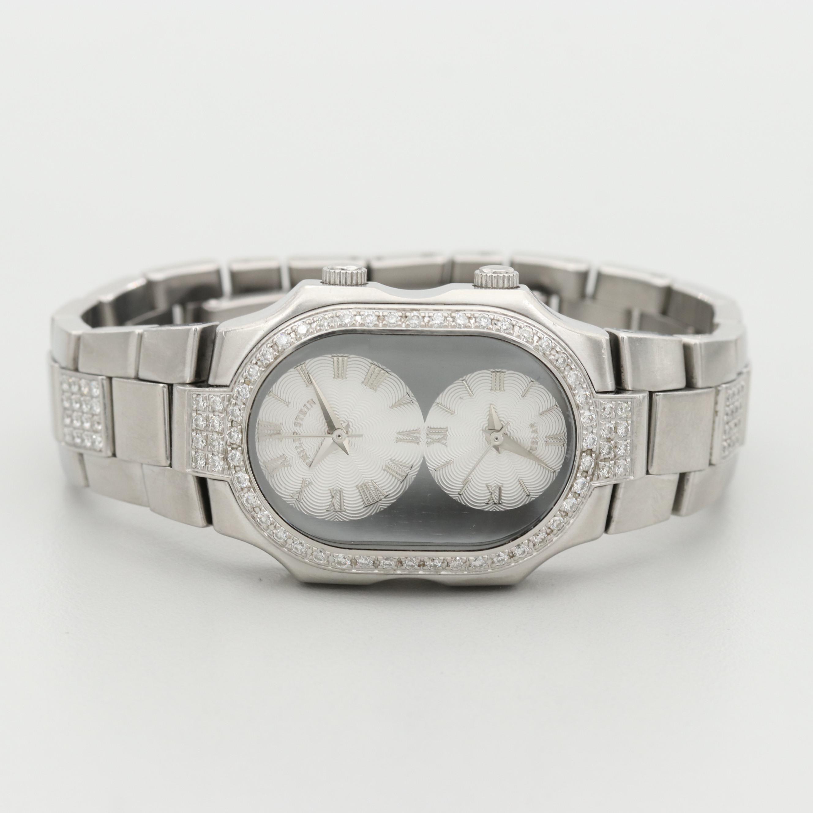 Philip Stein Teslar Dual Time 2.34 CTW Diamond and St. Steel Quartz Watch