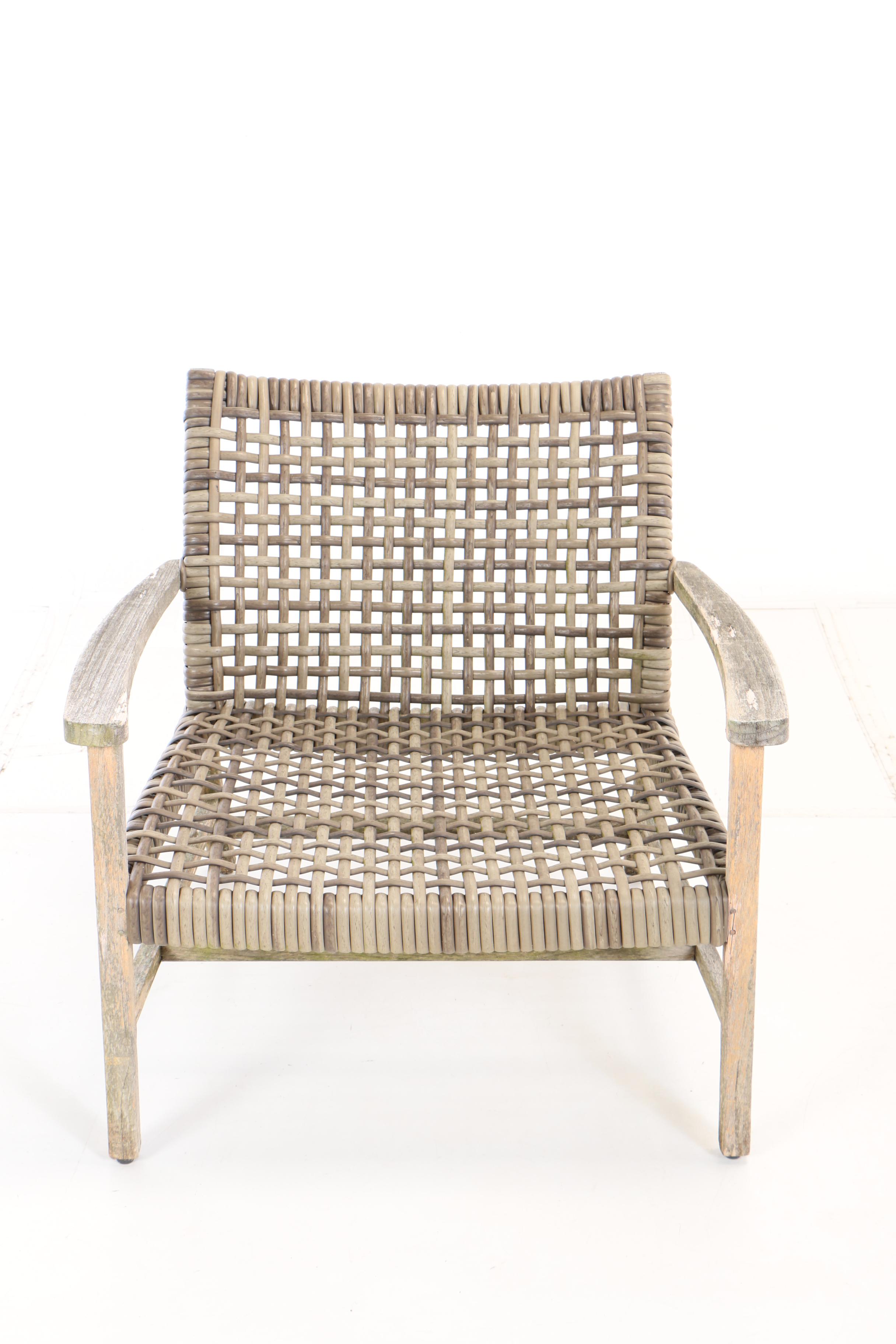 Pair of Frontgate, Teak and Resin Wicker "Isola" Patio Lounge Chairs