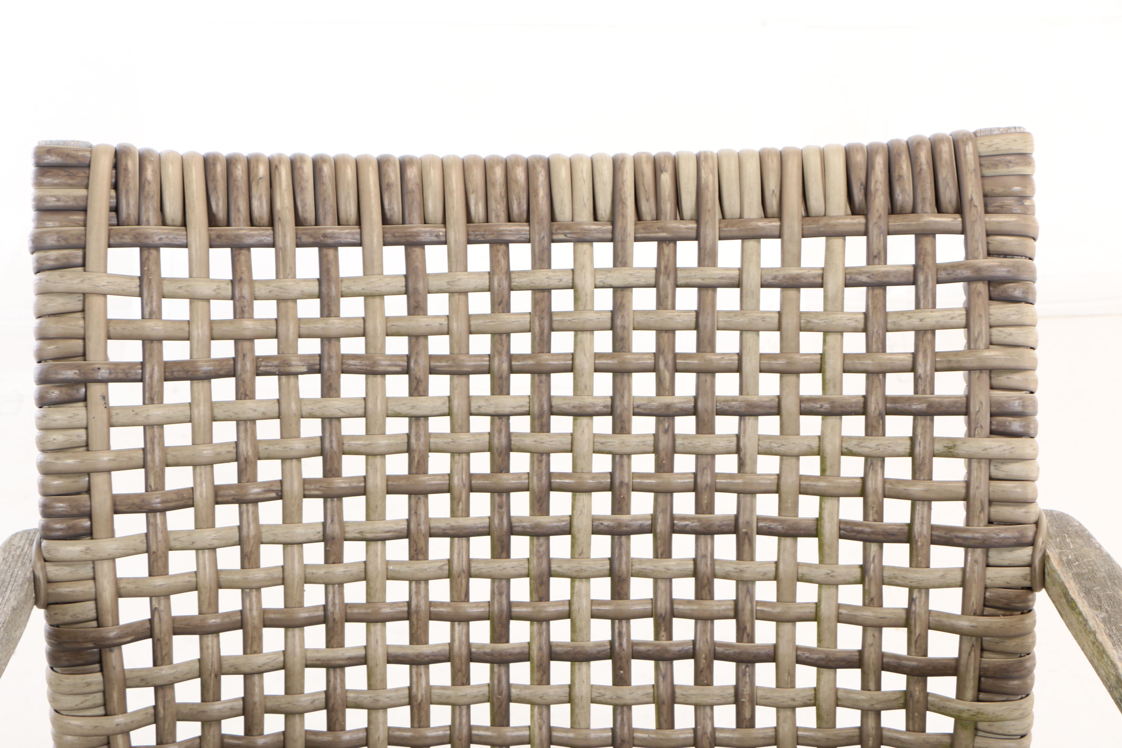 Pair of Frontgate, Teak and Resin Wicker "Isola" Patio Lounge Chairs