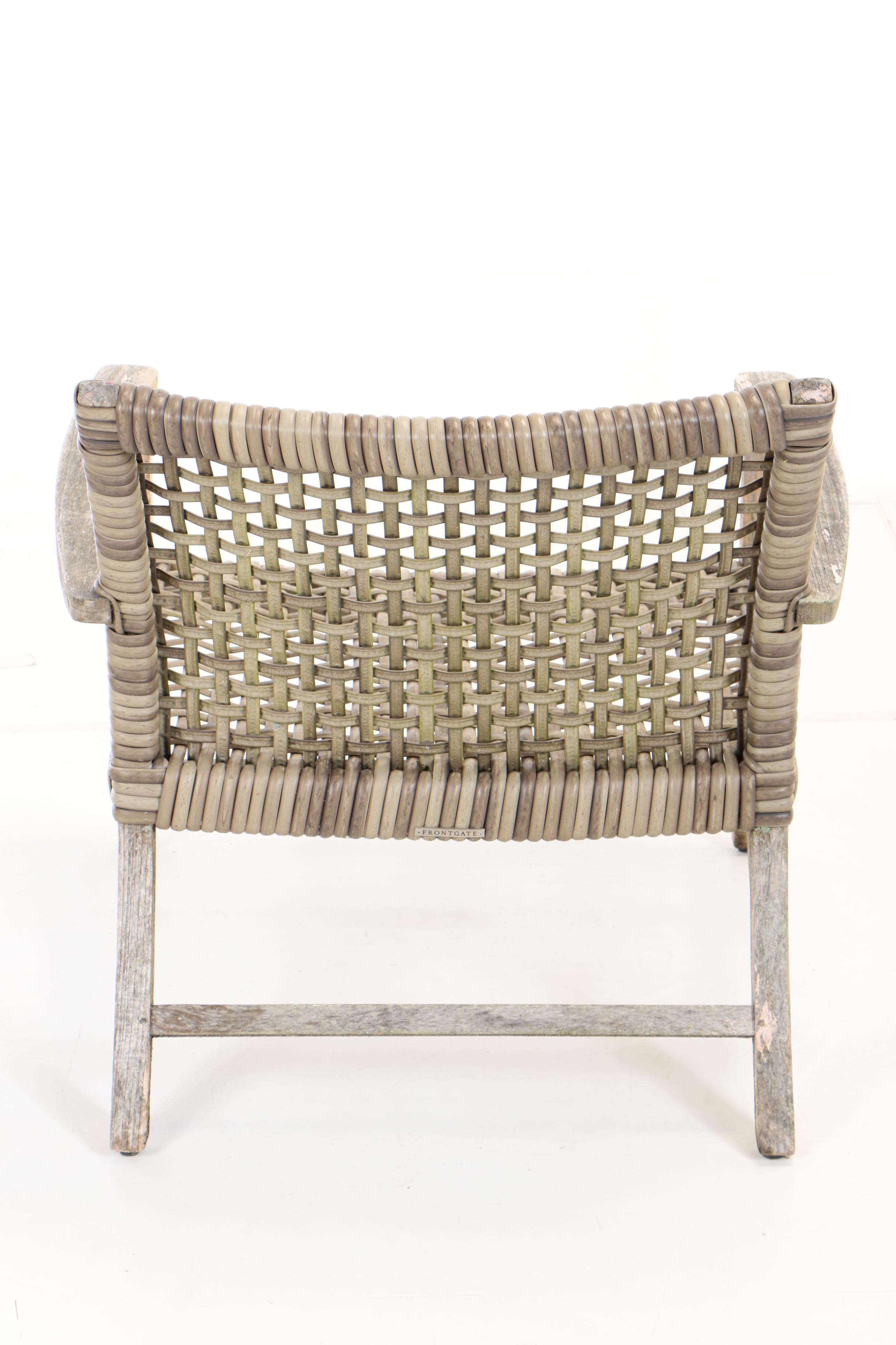 Pair of Frontgate, Teak and Resin Wicker "Isola" Patio Lounge Chairs