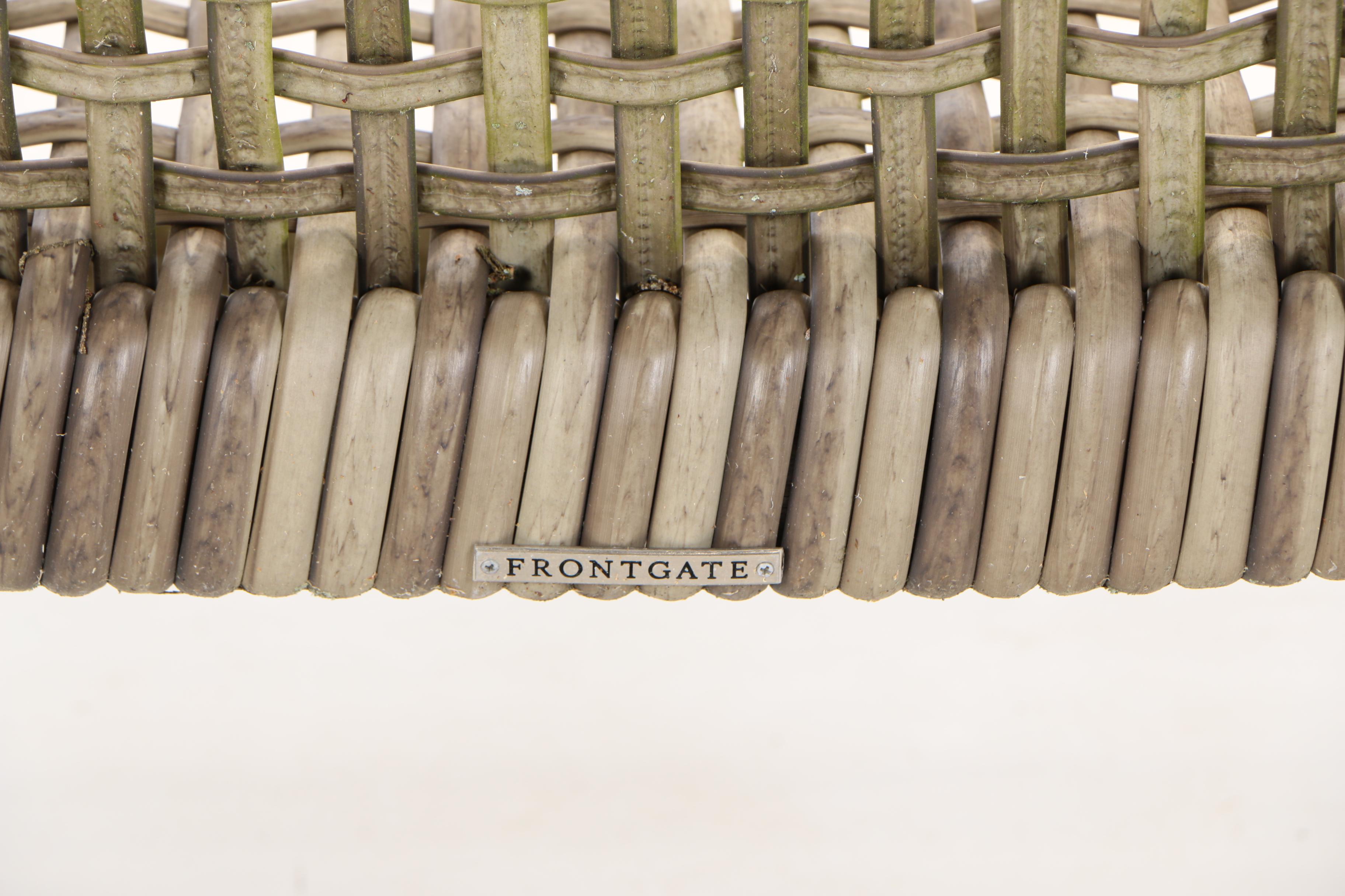 Pair of Frontgate, Teak and Resin Wicker "Isola" Patio Lounge Chairs