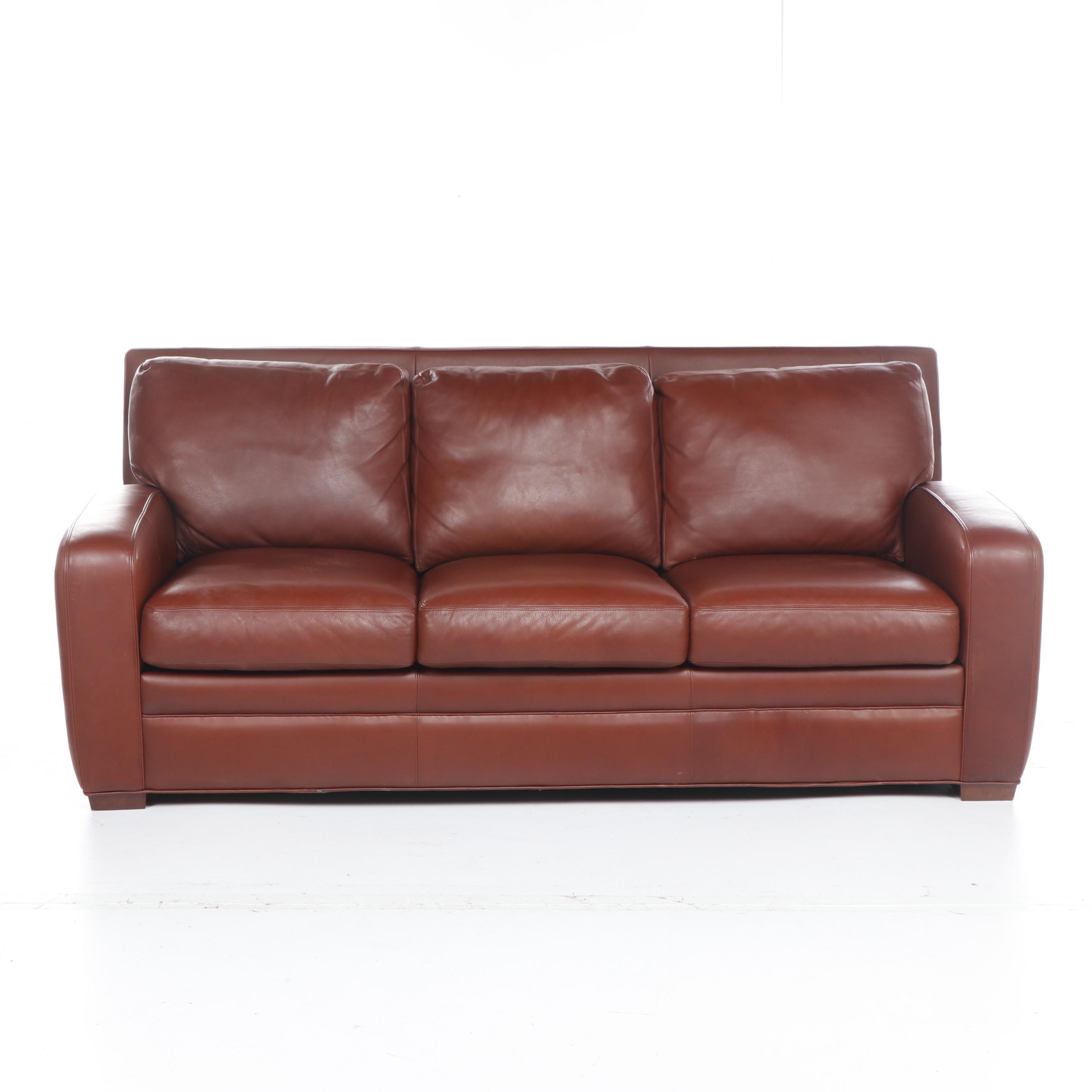 Contemporary Crate & Barrel Red Leather Sleeper Sofa with Teak Feet