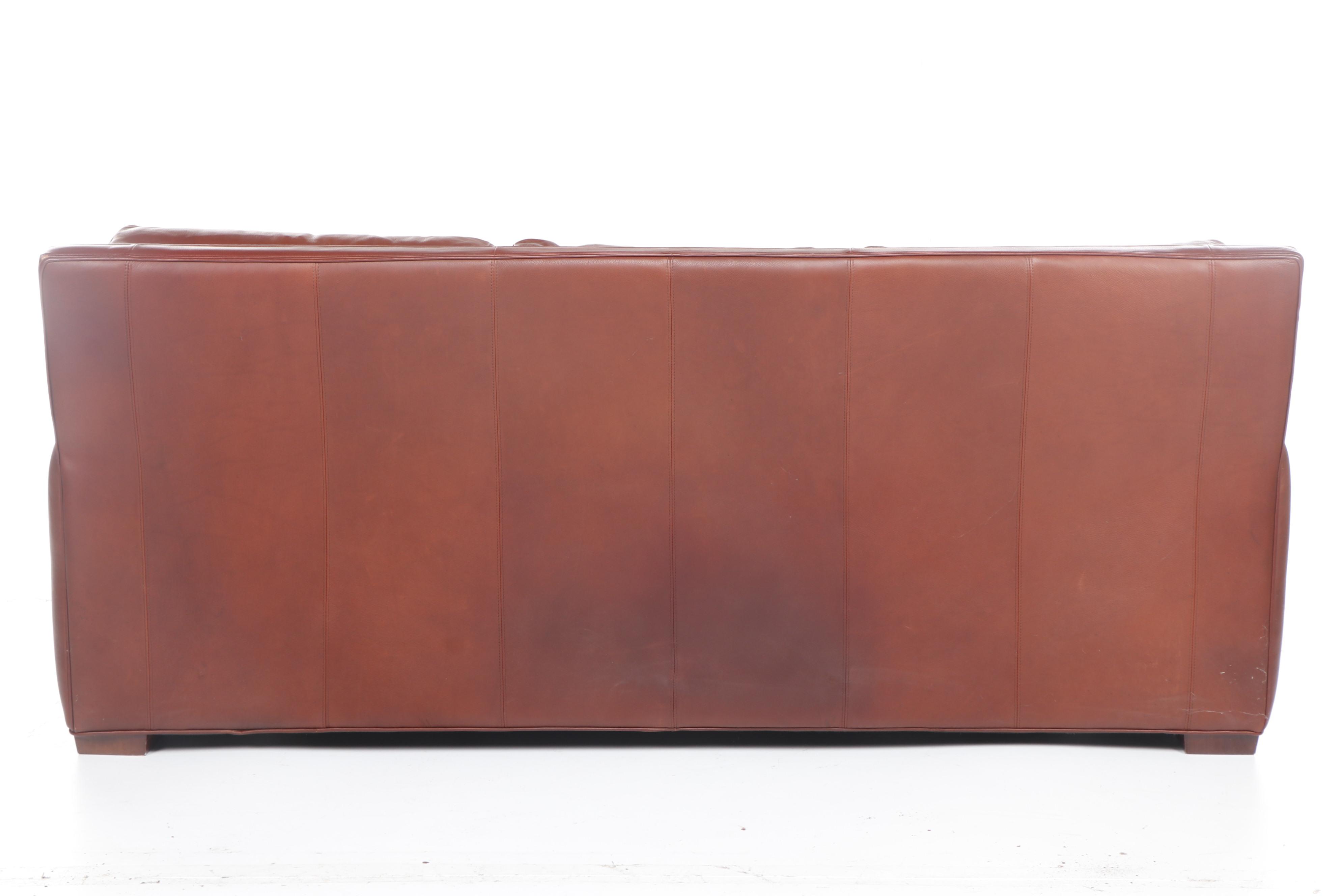 Contemporary Crate & Barrel Red Leather Sleeper Sofa with Teak Feet